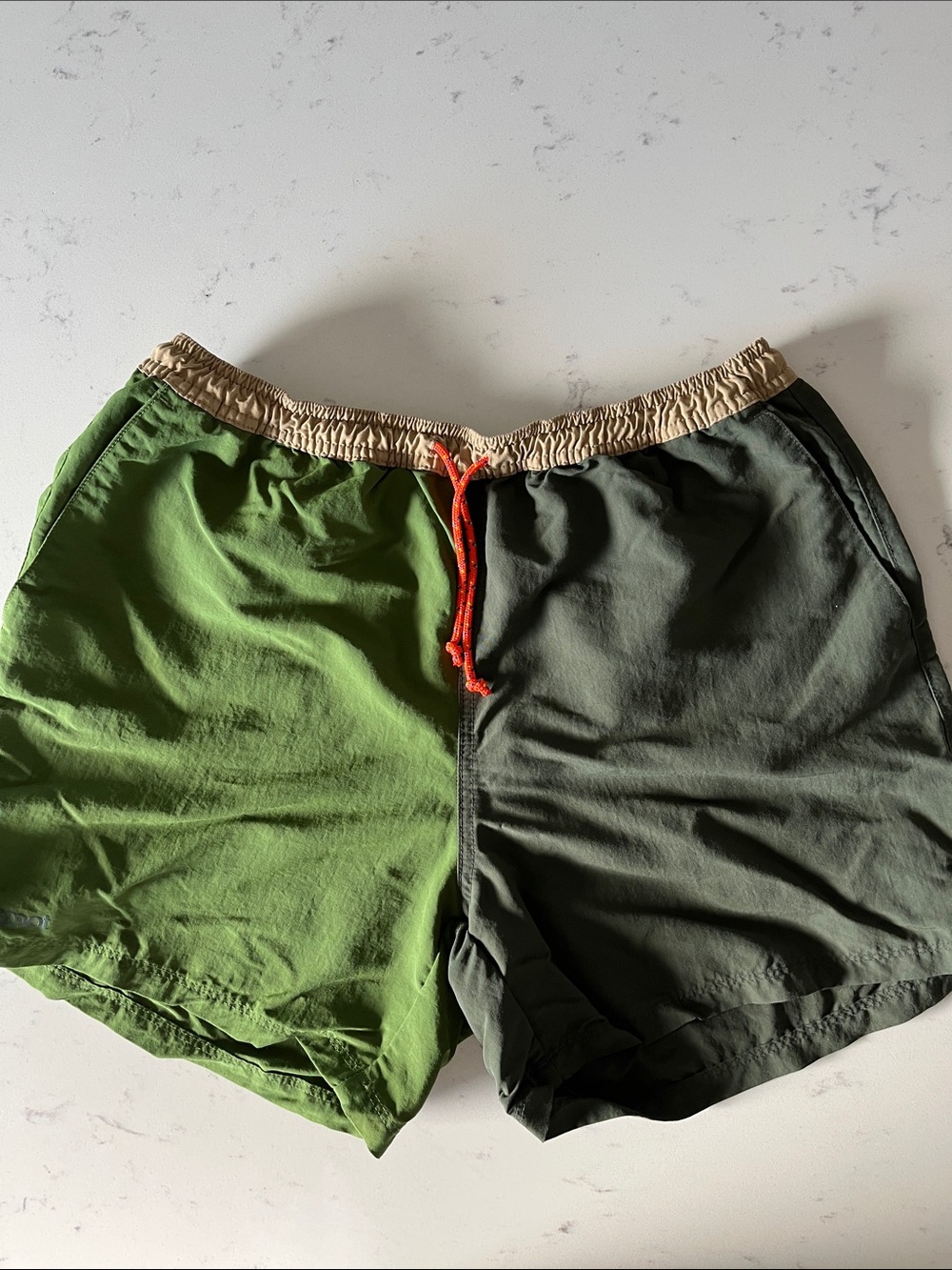 Marmot Two-Tone Green Swim Shorts with Tan Waistband and Orange Drawcord